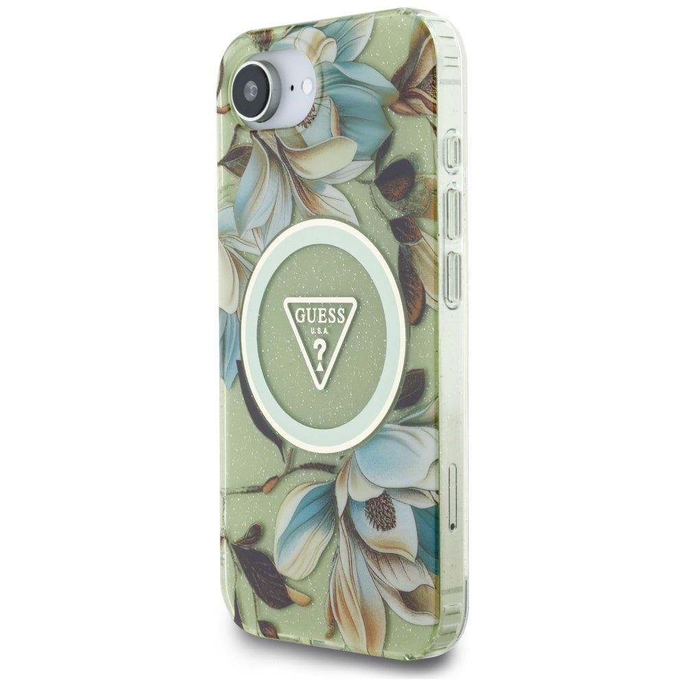 Capa MagSafe para Apple iPhone 16e, Guess, IML Metal Glitter Flowers Triangle, Verde