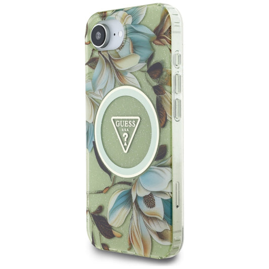 Capa MagSafe para Apple iPhone 16e, Guess, IML Metal Glitter Flowers Triangle, Verde