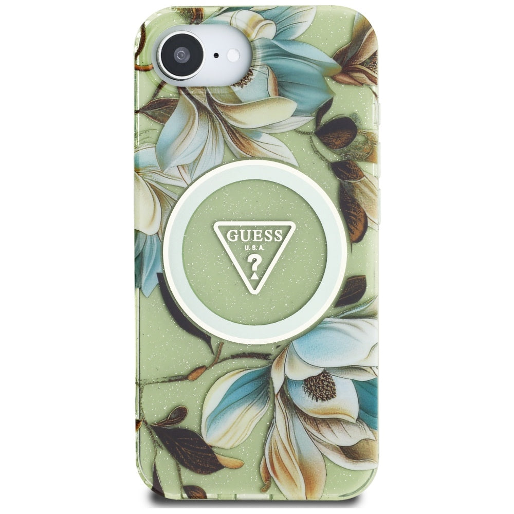Capa MagSafe para Apple iPhone 16e, Guess, IML Metal Glitter Flowers Triangle, Verde