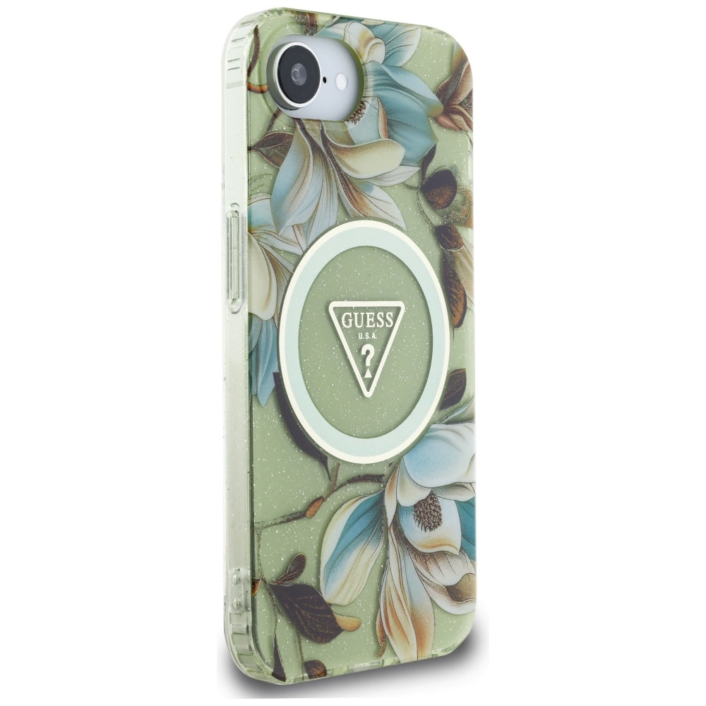Capa MagSafe para Apple iPhone 16e, Guess, IML Metal Glitter Flowers Triangle, Verde