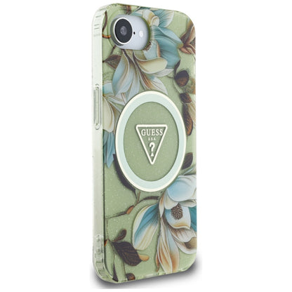 Capa MagSafe para Apple iPhone 16e, Guess, IML Metal Glitter Flowers Triangle, Verde