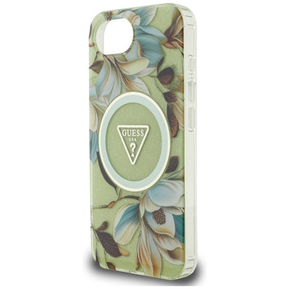 Capa MagSafe para Apple iPhone 16e, Guess, IML Metal Glitter Flowers Triangle, Verde