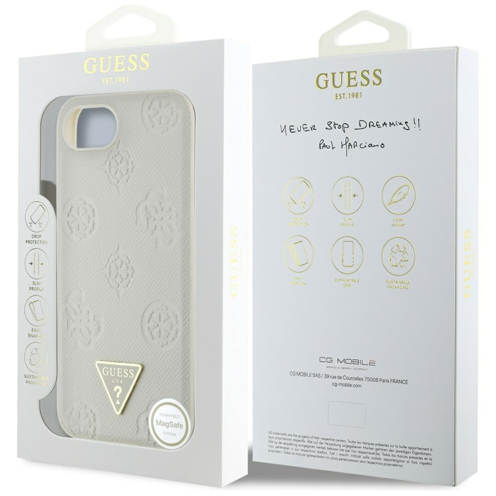 Capa MagSafe para Apple iPhone 16e, Guess, Peony Grained Hot Stamp Triangle, Bege