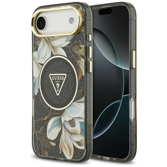 Capa MagSafe para Apple iPhone 17 Air, Guess, IML Metal Glitter Flowers Triangle, Preta