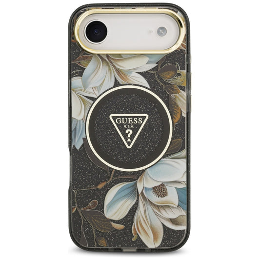 Capa MagSafe para Apple iPhone 17 Air, Guess, IML Metal Glitter Flowers Triangle, Preta