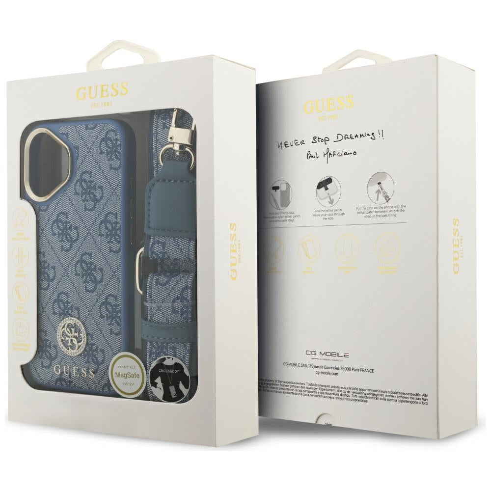 Capa MagSafe para Apple iPhone 17, Guess, 4G Strass Logo com Alça Grande, Azul