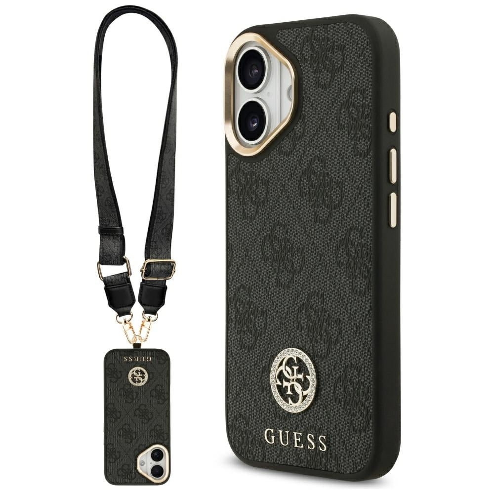 Capa MagSafe para Apple iPhone 17, Guess, 4G Strass Logo com Alça Grande, Preta.