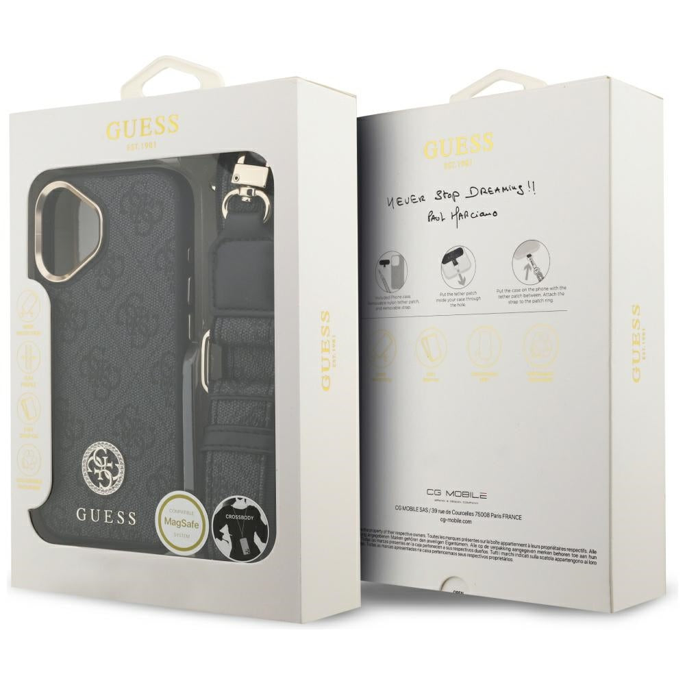Capa MagSafe para Apple iPhone 17, Guess, 4G Strass Logo com Alça Grande, Preta.