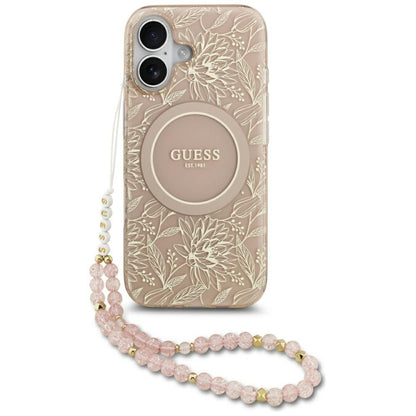 Capa MagSafe para Apple iPhone 17, Guess, IML Flowers Allover Electroplated with Pearl Strap, Preta