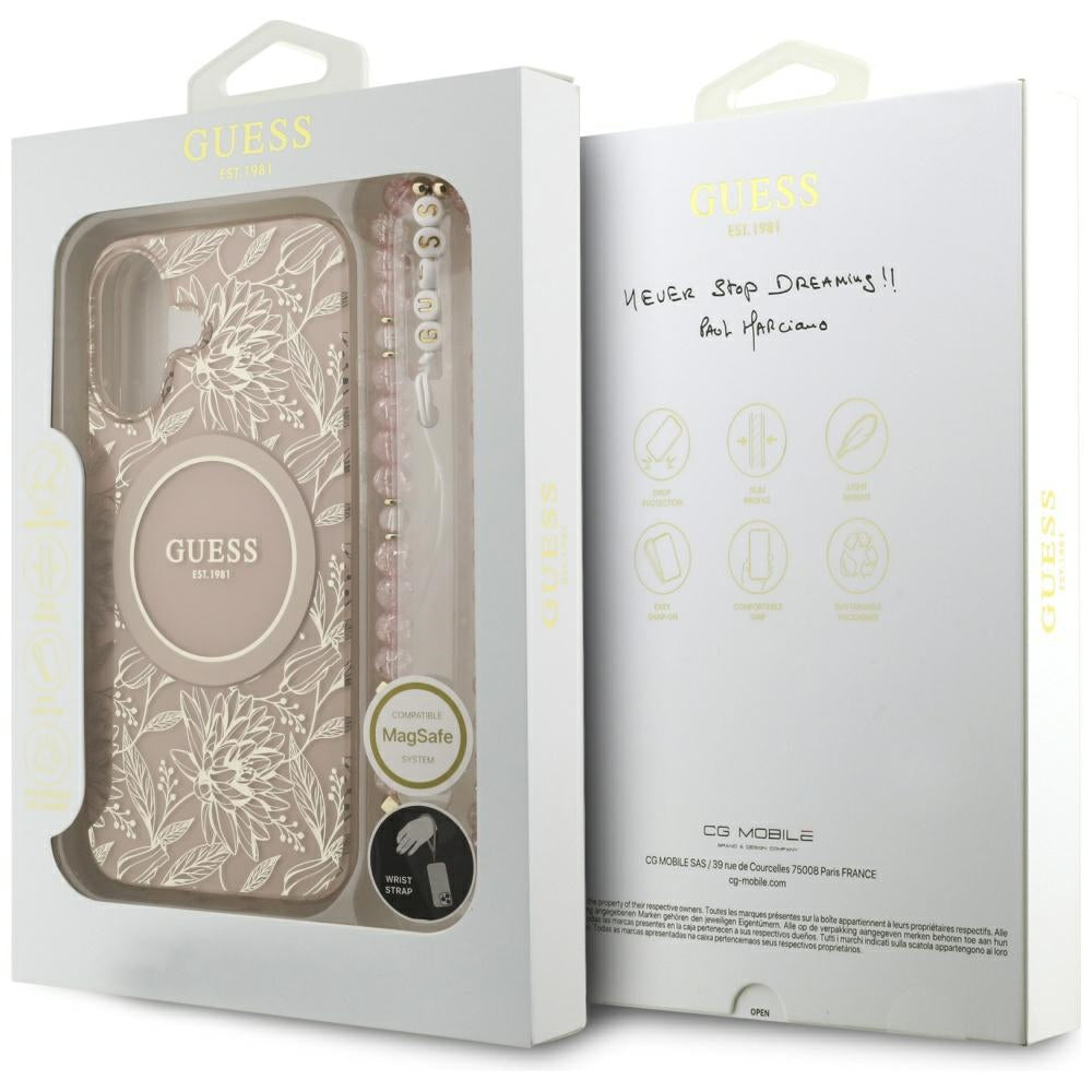 Capa MagSafe para Apple iPhone 17, Guess, IML Flowers Allover Electroplated with Pearl Strap, Preta