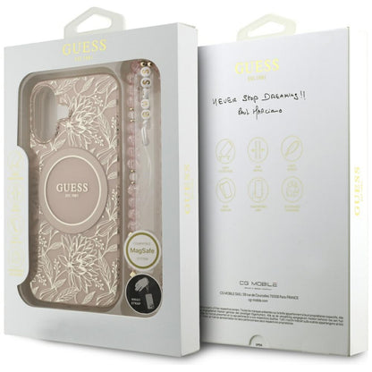 Capa MagSafe para Apple iPhone 17, Guess, IML Flowers Allover Electroplated with Pearl Strap, Preta