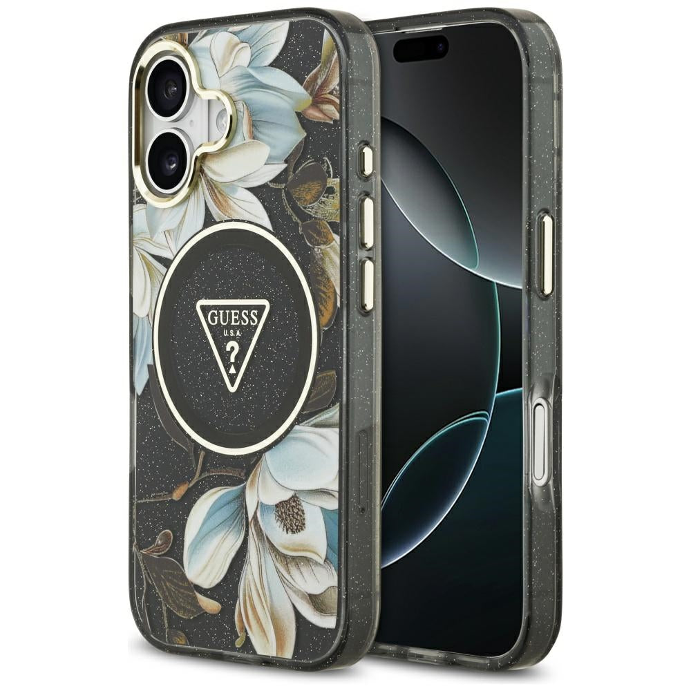 Capa MagSafe para Apple iPhone 17, Guess, IML Metal Glitter Flowers Triangle, Preta