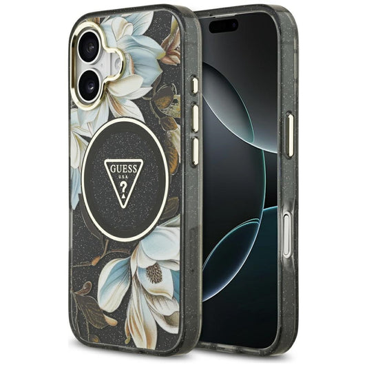 Capa MagSafe para Apple iPhone 17, Guess, IML Metal Glitter Flowers Triangle, Preta