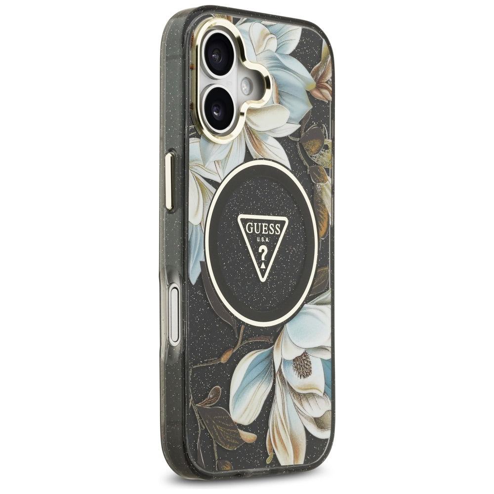 Capa MagSafe para Apple iPhone 17, Guess, IML Metal Glitter Flowers Triangle, Preta