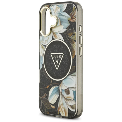 Capa MagSafe para Apple iPhone 17, Guess, IML Metal Glitter Flowers Triangle, Preta