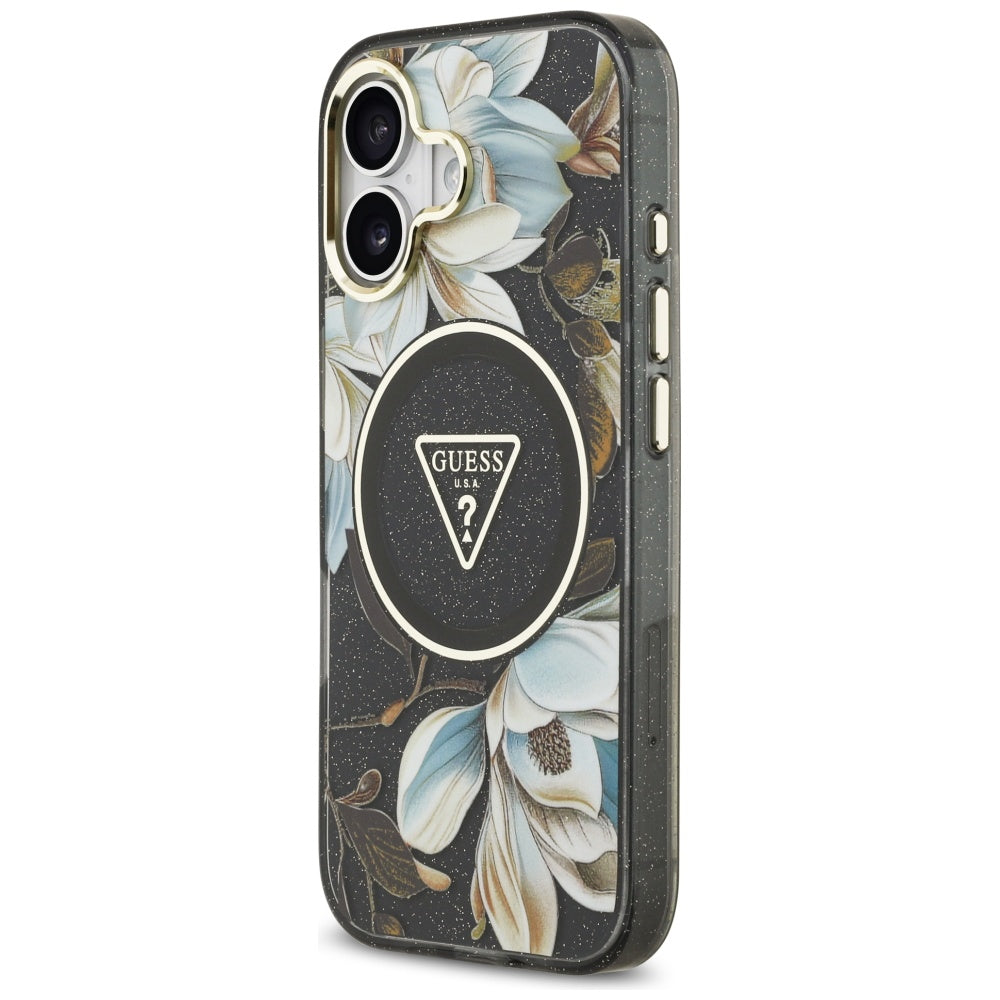 Capa MagSafe para Apple iPhone 17, Guess, IML Metal Glitter Flowers Triangle, Preta