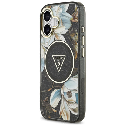 Capa MagSafe para Apple iPhone 17, Guess, IML Metal Glitter Flowers Triangle, Preta