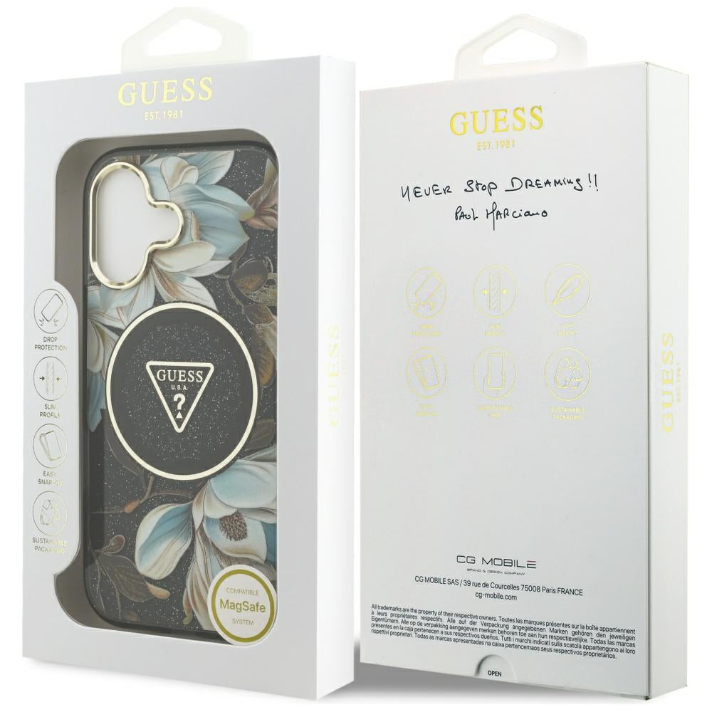 Capa MagSafe para Apple iPhone 17, Guess, IML Metal Glitter Flowers Triangle, Preta