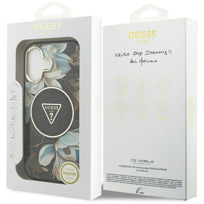 Capa MagSafe para Apple iPhone 17, Guess, IML Metal Glitter Flowers Triangle, Preta