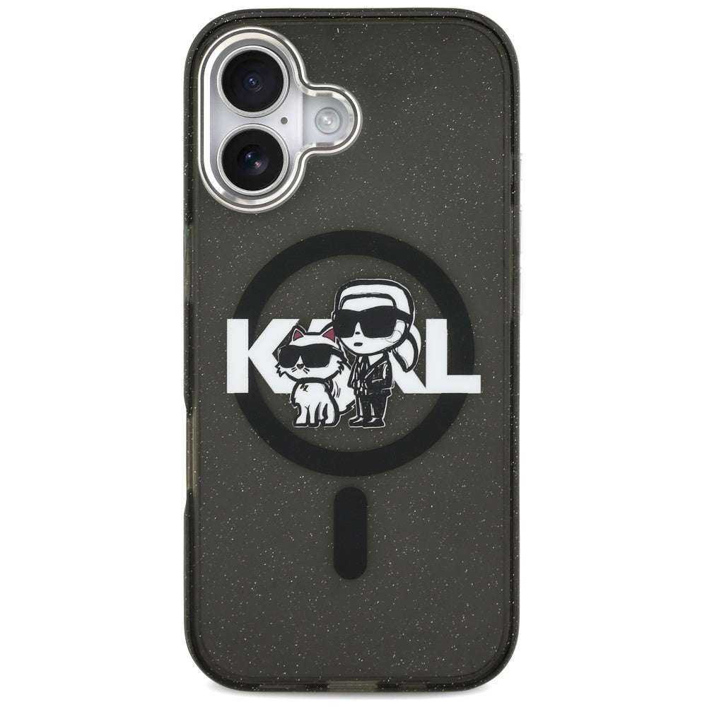 Capa MagSafe para Apple iPhone 17, Karl Lagerfeld, IML Sketch Logo Glitter Karl & Choupette, Preta.