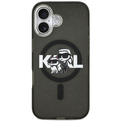 Capa MagSafe para Apple iPhone 17, Karl Lagerfeld, IML Sketch Logo Glitter Karl & Choupette, Preta.