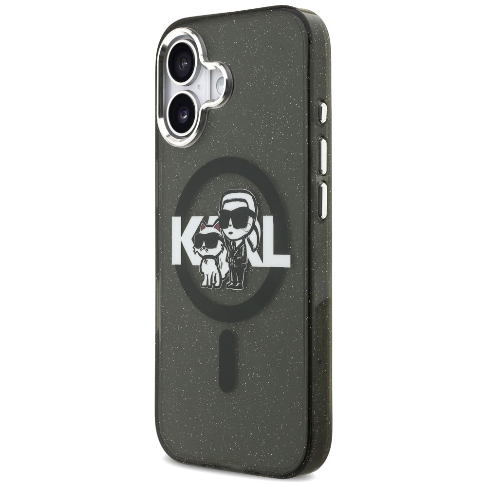Capa MagSafe para Apple iPhone 17, Karl Lagerfeld, IML Sketch Logo Glitter Karl & Choupette, Preta.