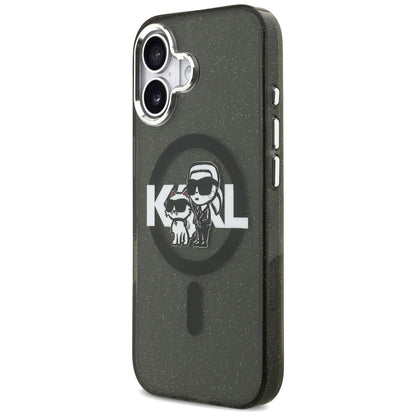 Capa MagSafe para Apple iPhone 17, Karl Lagerfeld, IML Sketch Logo Glitter Karl & Choupette, Preta.