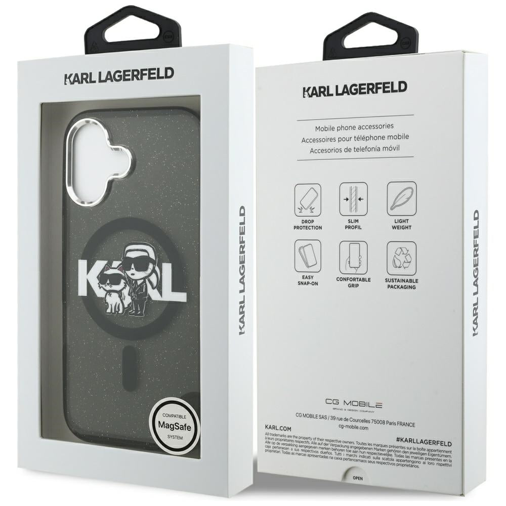 Capa MagSafe para Apple iPhone 17, Karl Lagerfeld, IML Sketch Logo Glitter Karl & Choupette, Preta.