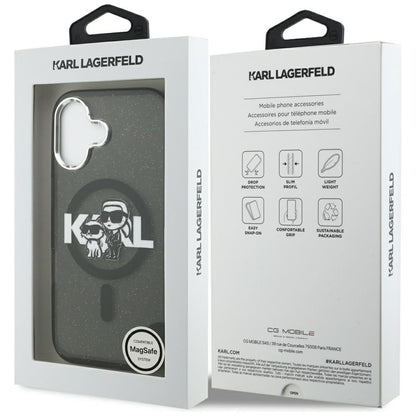 Capa MagSafe para Apple iPhone 17, Karl Lagerfeld, IML Sketch Logo Glitter Karl & Choupette, Preta.