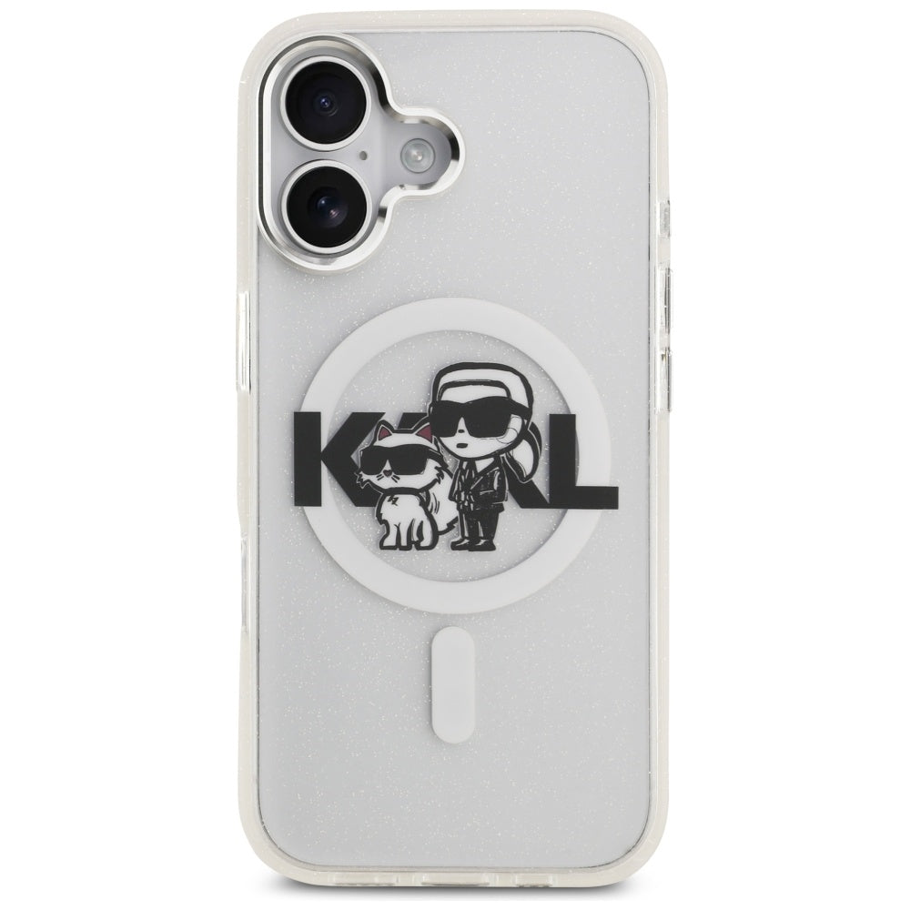 Capa MagSafe para Apple iPhone 17, Karl Lagerfeld, IML Sketch Logo Glitter Karl & Choupette, Transparente