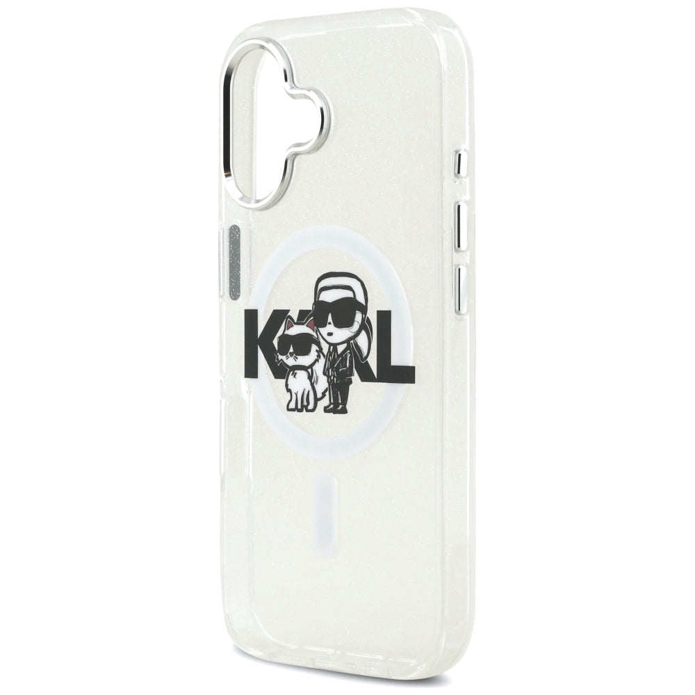 Capa MagSafe para Apple iPhone 17, Karl Lagerfeld, IML Sketch Logo Glitter Karl & Choupette, Transparente