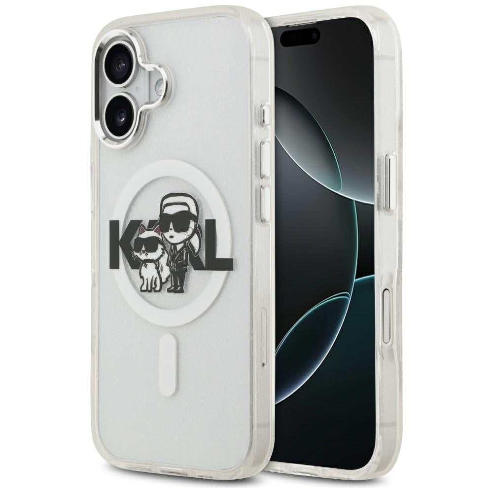 Capa MagSafe para Apple iPhone 17, Karl Lagerfeld, IML Sketch Logo Glitter Karl & Choupette, Transparente