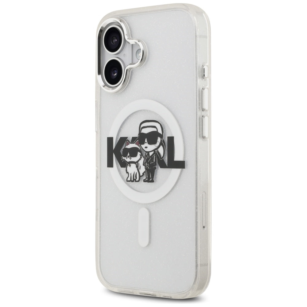 Capa MagSafe para Apple iPhone 17, Karl Lagerfeld, IML Sketch Logo Glitter Karl & Choupette, Transparente