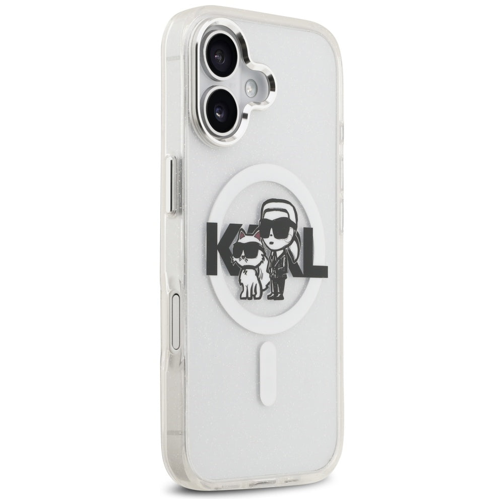 Capa MagSafe para Apple iPhone 17, Karl Lagerfeld, IML Sketch Logo Glitter Karl & Choupette, Transparente
