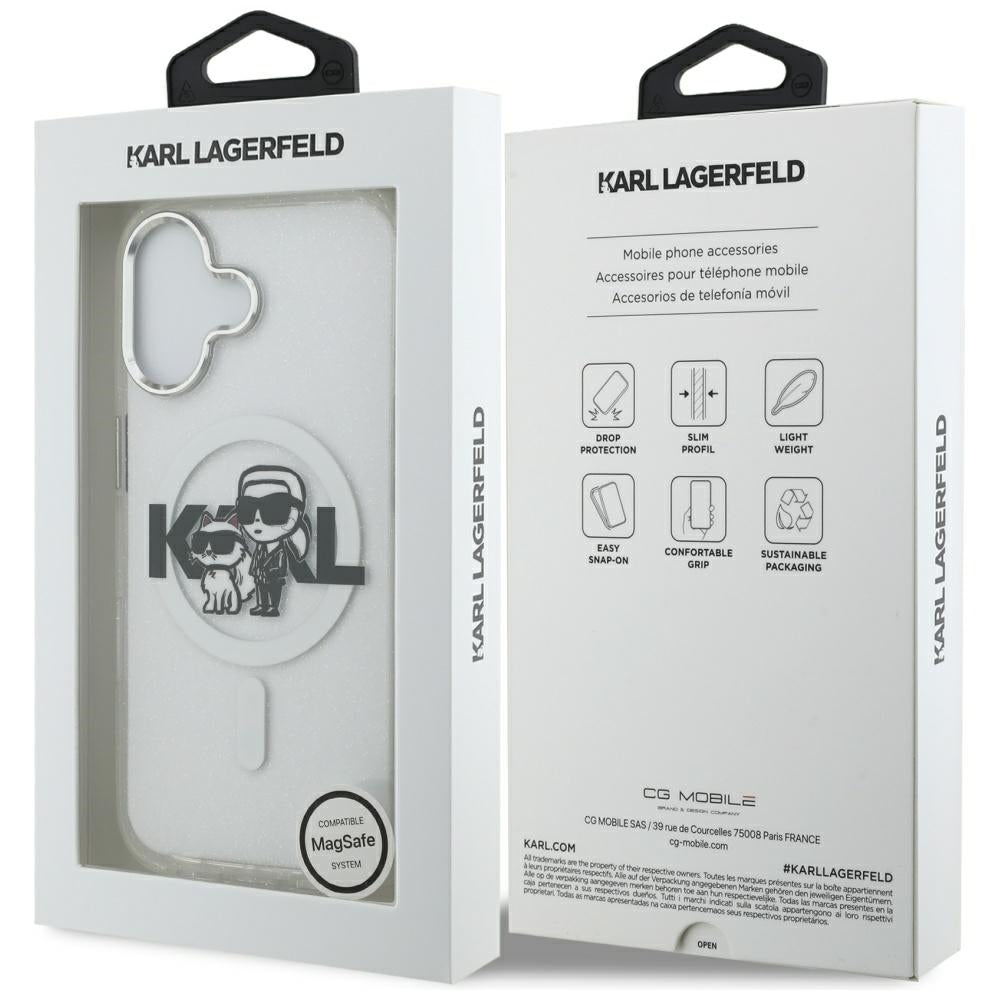 Capa MagSafe para Apple iPhone 17, Karl Lagerfeld, IML Sketch Logo Glitter Karl & Choupette, Transparente