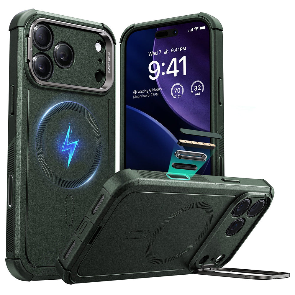 Capa MagSafe para Apple iPhone 17 Pro, ESR, Cyber Armor Kickstand, Verde
