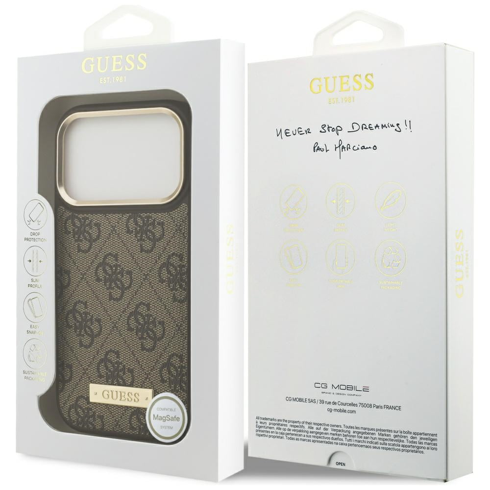 Capa MagSafe para Apple iPhone 17 Pro, Guess, 4G Logo Plate, Castanho