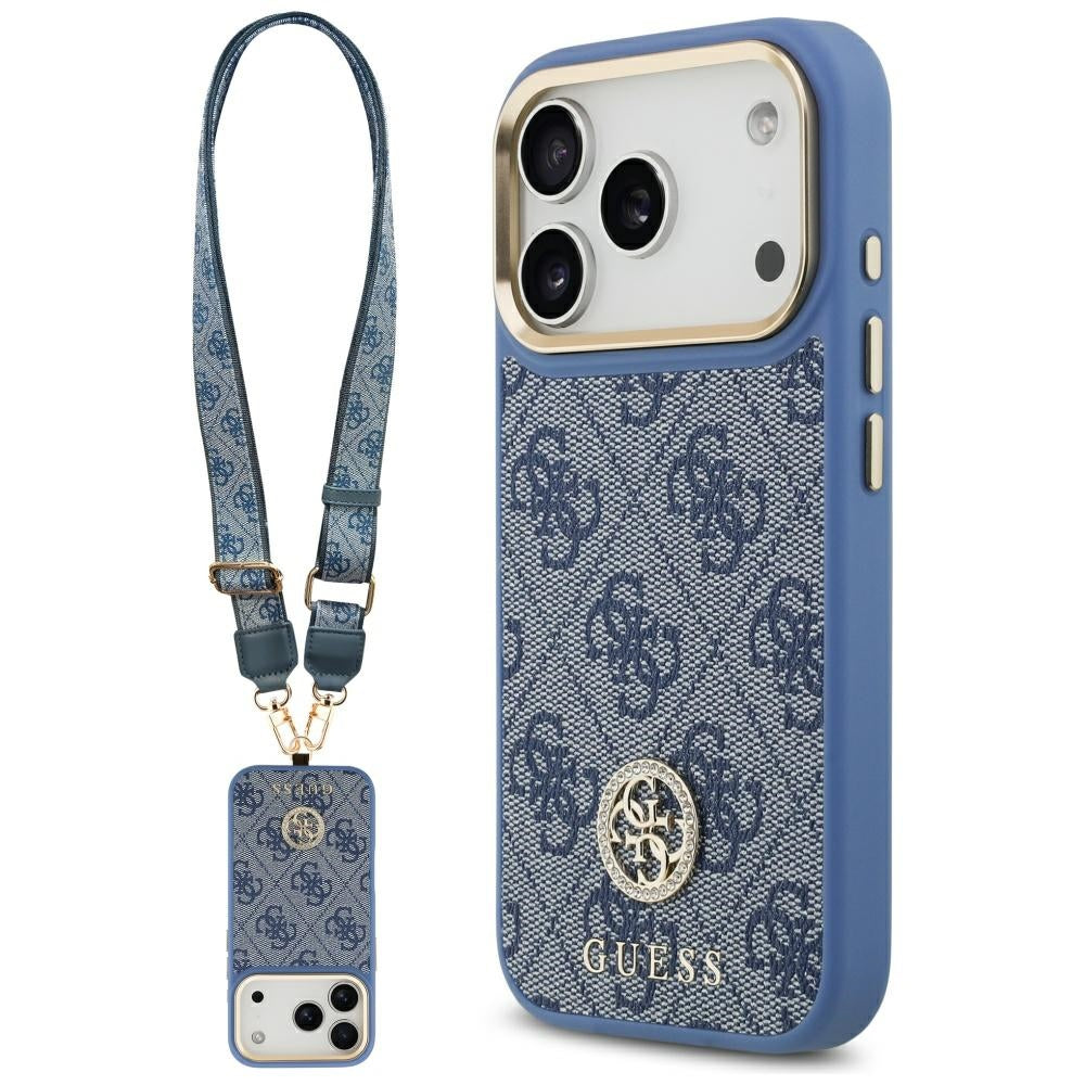 Capa MagSafe para Apple iPhone 17 Pro, Guess, 4G Strass Logo com Alça Grande, Azul
