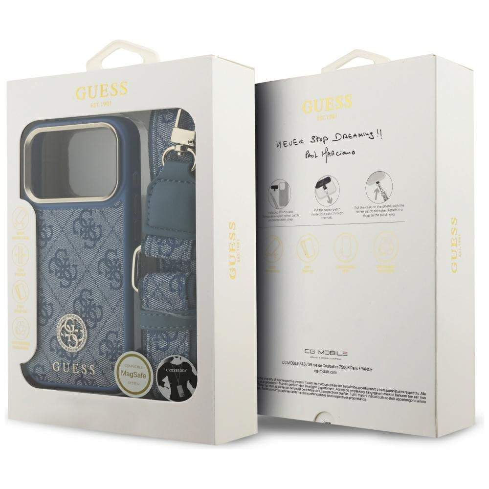 Capa MagSafe para Apple iPhone 17 Pro, Guess, 4G Strass Logo com Alça Grande, Azul