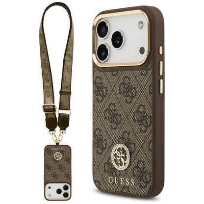 Capa MagSafe para Apple iPhone 17 Pro, Guess, 4G Strass Logo com Alça Grande, Marrom