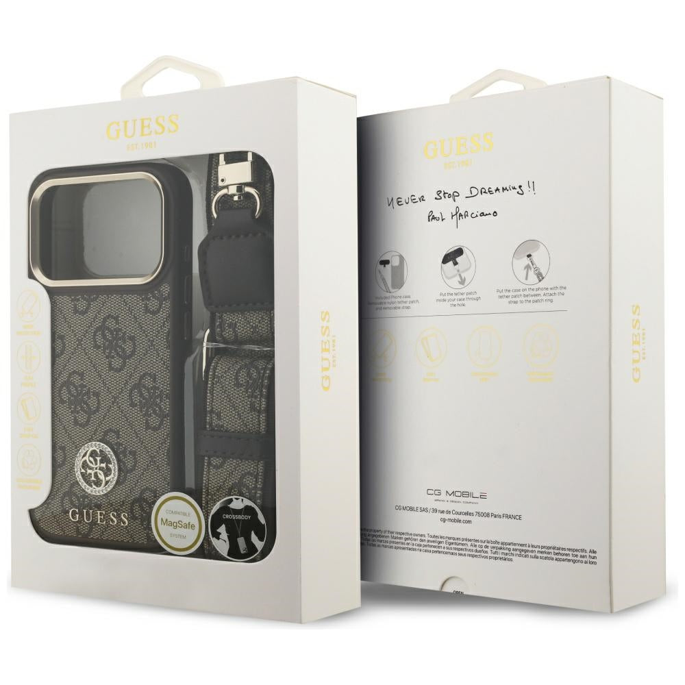 Capa MagSafe para Apple iPhone 17 Pro, Guess, 4G Strass Logo com Alça Grande, Marrom