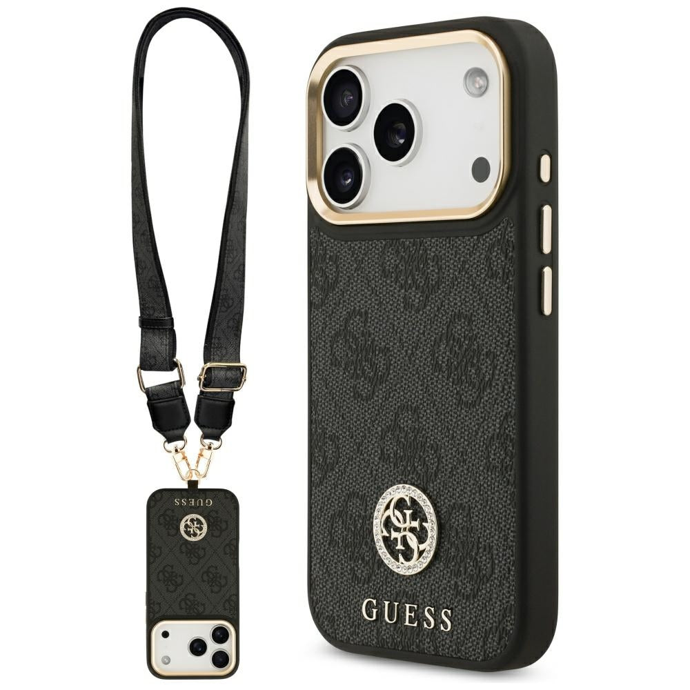 Capa MagSafe para Apple iPhone 17 Pro, Guess, 4G Strass Logo com Alça Grande, Preta