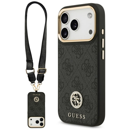 Capa MagSafe para Apple iPhone 17 Pro, Guess, 4G Strass Logo com Alça Grande, Preta