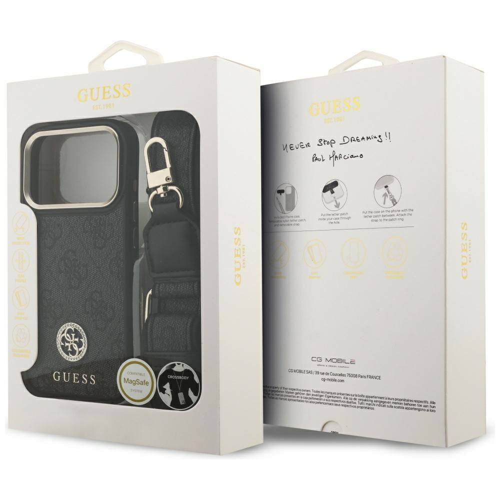 Capa MagSafe para Apple iPhone 17 Pro, Guess, 4G Strass Logo com Alça Grande, Preta