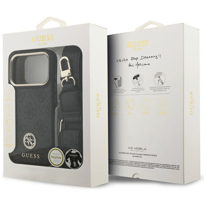 Capa MagSafe para Apple iPhone 17 Pro, Guess, 4G Strass Logo com Alça Grande, Preta