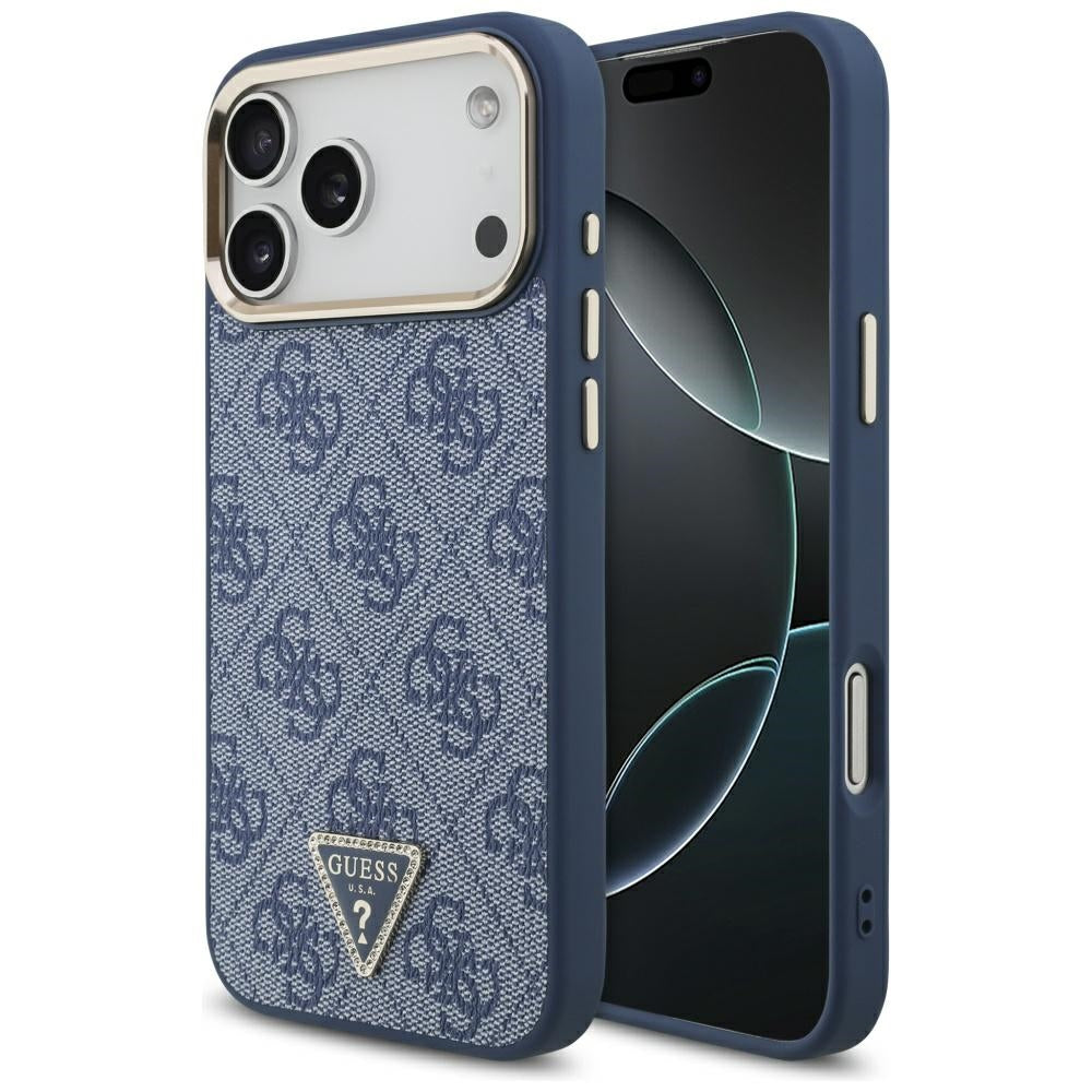 Capa MagSafe para Apple iPhone 17 Pro, Guess, Logo Triângulo 4G, Azul Dourado