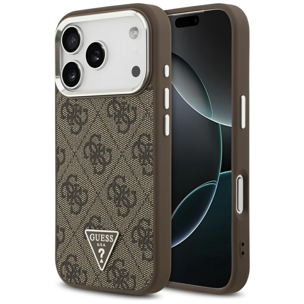 Capa MagSafe para Apple iPhone 17 Pro, Guess, Logo Triângulo 4G, Marrom Prateado.