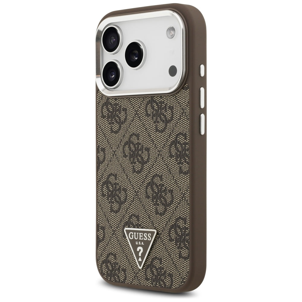 Capa MagSafe para Apple iPhone 17 Pro, Guess, Logo Triângulo 4G, Marrom Prateado.