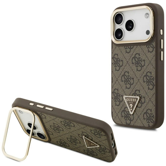 Capa MagSafe para Apple iPhone 17 Pro, Guess, Logo Triângulo 4G com Suporte para Câmara, Dourado Marrom
