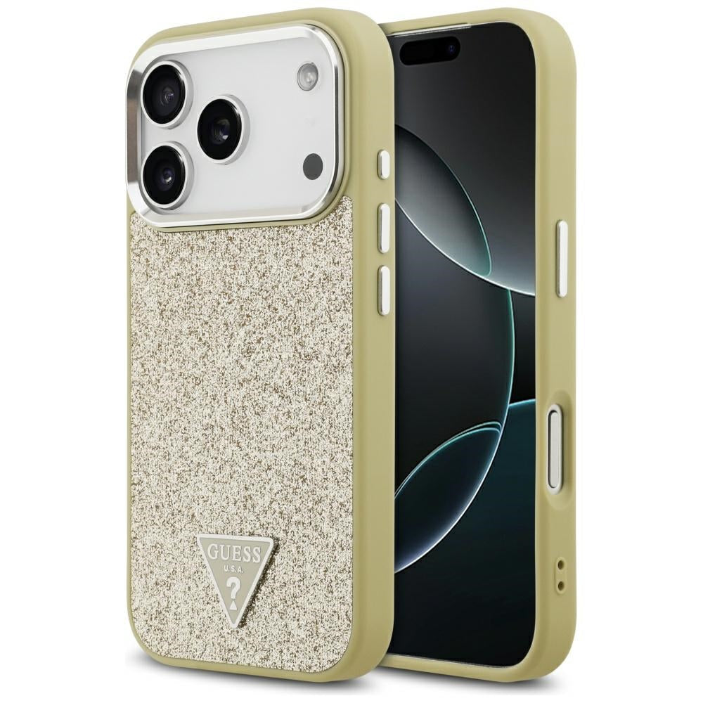 Capa MagSafe para Apple iPhone 17 Pro, Guess, Glitter Triangle Logo, Dourada